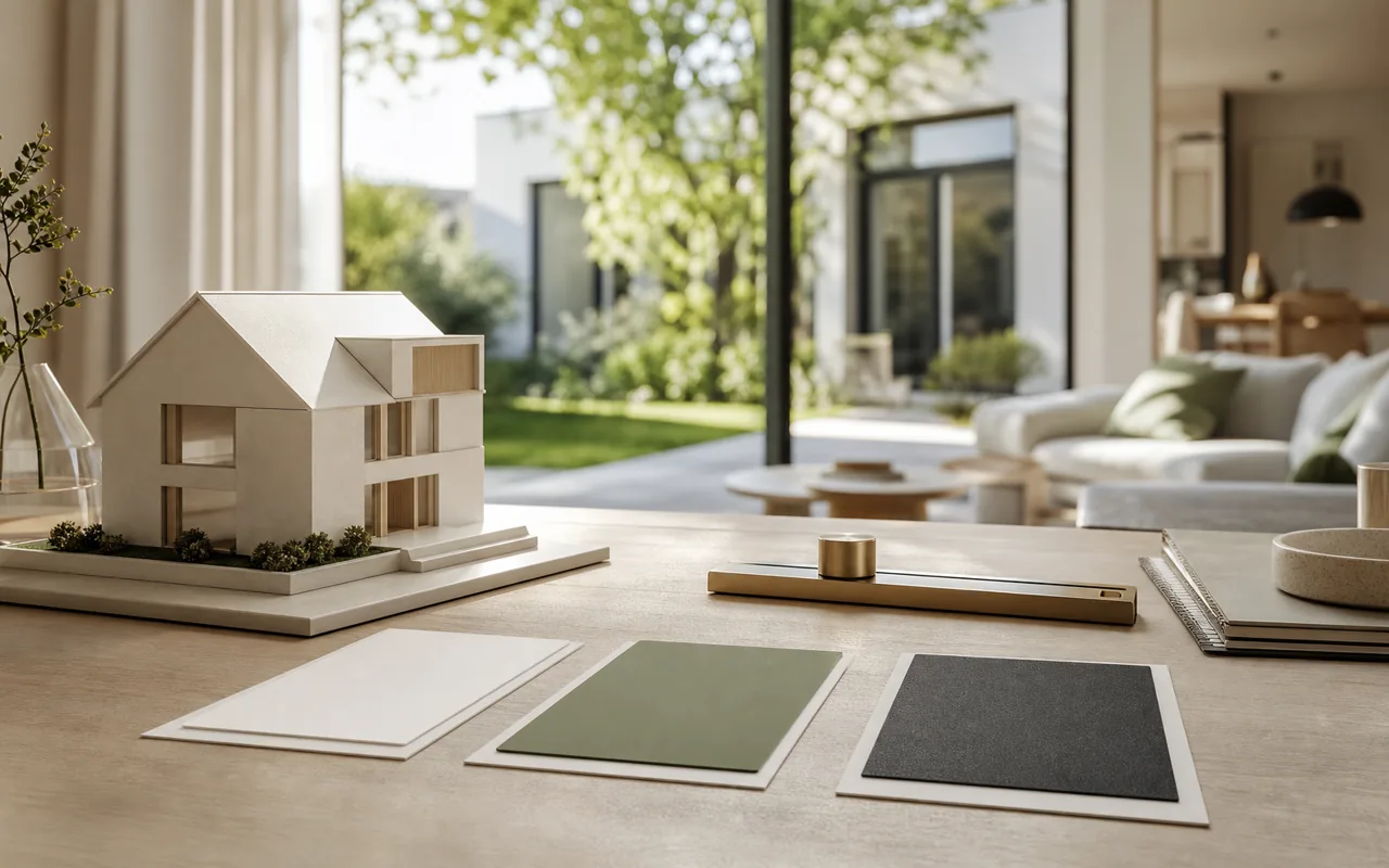 Architekturmodell einer Immobilie mit Materialmustern auf einem Planungstisch